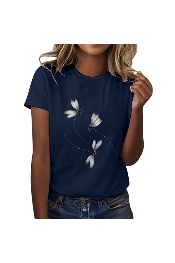 Women's T-Shirts V-Neck Boho Dragonfly Print Graphic Tees Shirts Cute Casual Summer Tops Short Sleeve T Shirt Print Shirt Round Neck Top Lightweight Soft Summer Clothing Clothes Navy Xxl