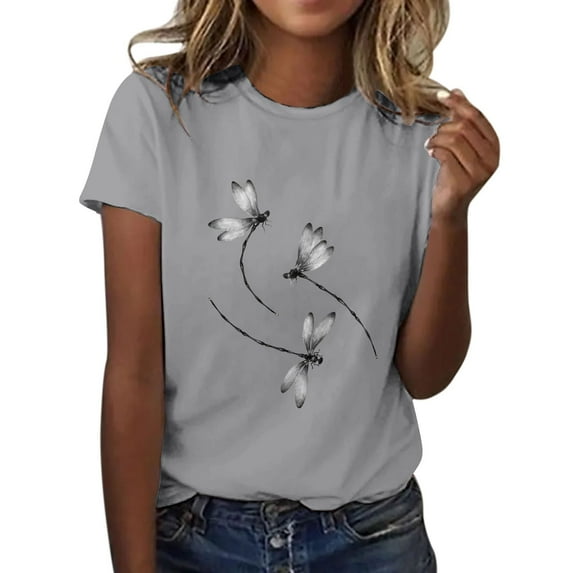Holzkary Women's T-Shirts V-Neck Boho Dragonfly Print Graphic Tees Shirts Cute Casual Summer Tops Short Sleeve T Shirt Round Neck T Shirt Top Lightweight Soft Summer Clothing Clothes Grey Xl