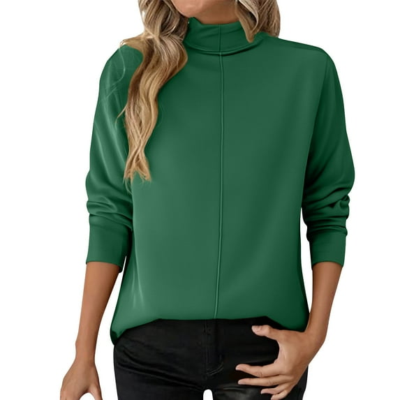 Holzkary Women's Turtleneck Long Sleeve Shirts Casual Basic T Shirts Lightweight Base Layer Solid Loose Fit Tops Womens Fall Tops Long Sleeve Fall Tops for Women 2025 V Neck T Shirt Green M