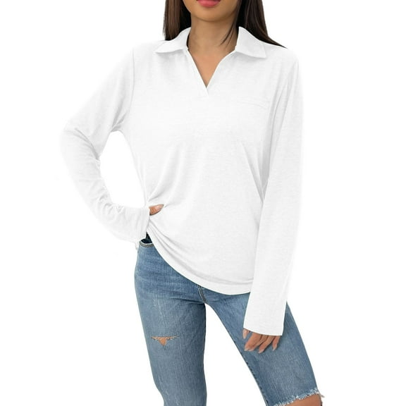 Holzkary Women's V Neck Polo Shirts Long Sleeve Collared Dressy Tops Loose Casual Tunic Business Work Blouses Long Sleeved and Fashionable Solid Color Lapel Loose Pocket T Shirt White M