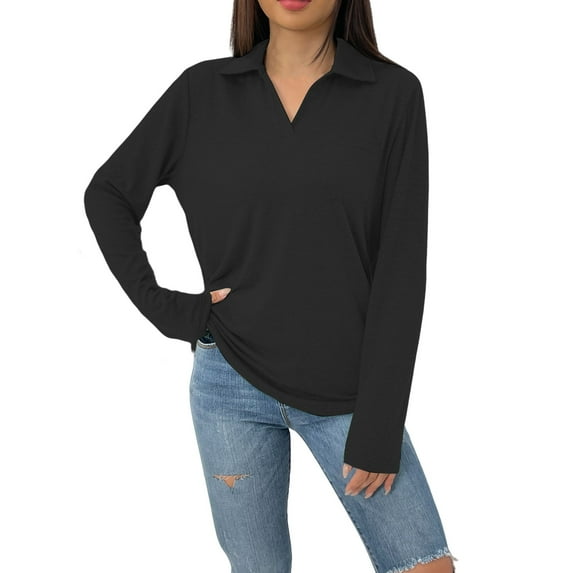 Holzkary Women's V Neck Polo Shirts Long Sleeve Collared Dressy Tops Loose Casual Tunic Business Work Blouses Long Sleeved and Fashionable Solid Color Lapel Loose Pocket T Shirt Black Xl