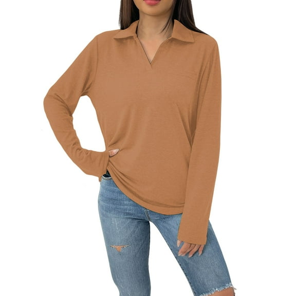 Holzkary Women's V Neck Polo Shirts Long Sleeve Collared Dressy Tops Loose Casual Tunic Business Work Blouses Long Sleeved and Fashionable Solid Color Lapel Loose Pocket T Shirt Brown S