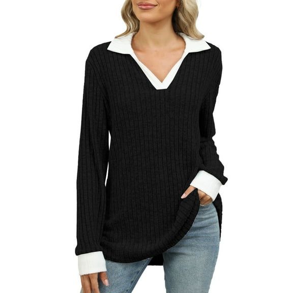 Holzkary Women's V Neck Sweaters Pullover Color Block Collar Long Sleeves Loose Fit Casaul Lightweight Polo Tunic Tops Shirts Contrast Collared Shirts Ribbed Fall Tops Lightweight Sweaters Black Xxl