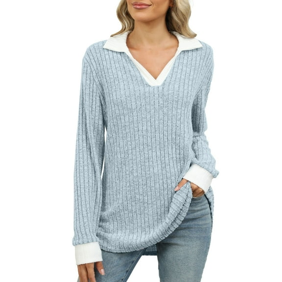 Holzkary Women's V Neck Sweaters Pullover Color Block Collar Long Sleeves Loose Fit Casaul Lightweight Polo Tunic Tops Shirts Contrast Collared Shirts Ribbed Fall Tops Sweaters Light Blue Xl