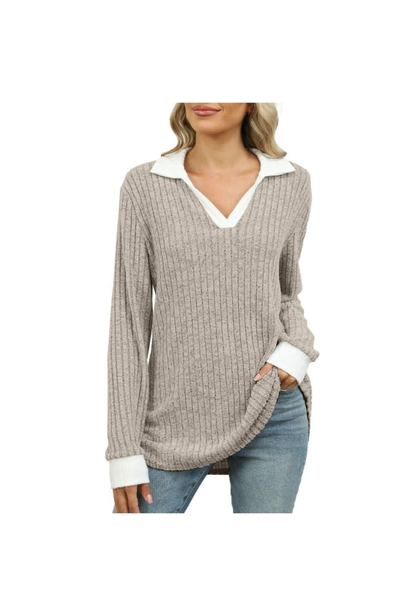 Women's V Neck Sweaters Pullover Color Block Collar Long Sleeves Loose Fit Casaul Lightweight Polo Tunic Tops Shirts Contrast Collared Shirts Ribbed Fall Tops Lightweight Sweaters Khaki Xl