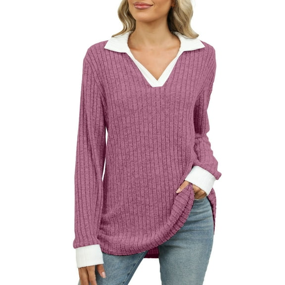 Holzkary Women's V Neck Sweaters Pullover Color Block Collar Long Sleeves Loose Fit Casaul Lightweight Polo Tunic Tops Shirts Contrast Collared Shirts Ribbed Fall Tops Lightweight Sweaters Purple Xl