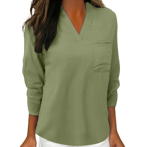 Holzkary Women's Waffle Knit Tops 2025 Long Sleeve V Neck Shirts Business Casual Blouses Basic Shirts Womens Notched Spring Full Print Notched Neck 3/4 Sleeve Blouse Work Shirt Light Green Xxl