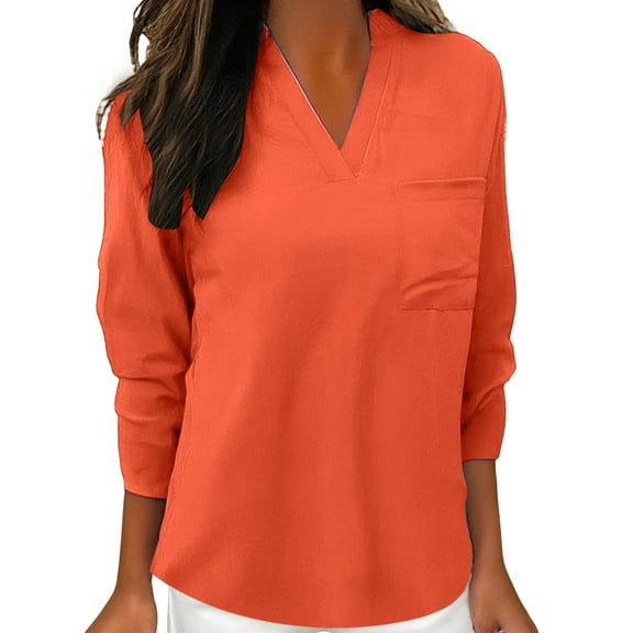 Holzkary Women's Waffle Knit Tops 2025 Long Sleeve V Neck Shirts Business Casual Blouses Basic Shirts Womens Notched Women's Spring Full Print Notched Neck 3/4 Sleeve Blouse Work Shirt Orange L