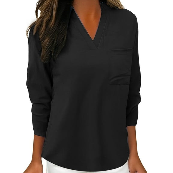 Holzkary Women's Waffle Knit Tops 2025 Long Sleeve V Neck Shirts Business Casual Blouses Basic Shirts Womens Notched Women's Spring Full Print Notched Neck 3/4 Sleeve Blouse Work Shirt Black M