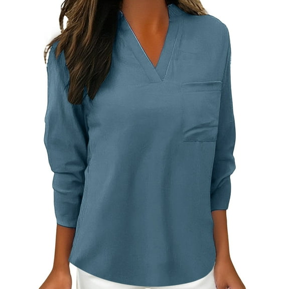 Holzkary Women's Waffle Knit Tops 2025 Long Sleeve V Neck Shirts Business Casual Blouses Basic Shirts Womens Notched Women's Spring Full Print Notched Neck 3/4 Sleeve Blouse Work Shirt Blue M