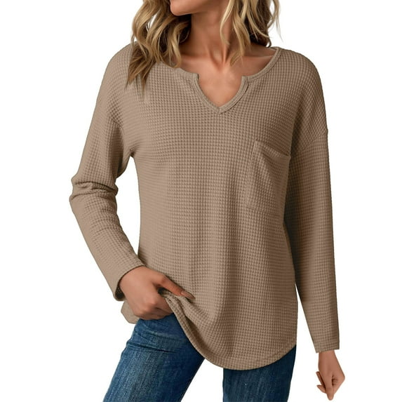 Holzkary Women's Waffle Knit Tops 2025 Long Sleeve V Neck Shirts Business Casual Blouses Basic Shirts Womens Tops Knit Notched V Neck Shirts Casual Trendy Solid Color Loose Blouses Beige Xxl