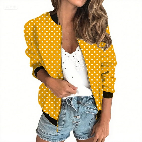 Holzkary Women's Zip Up Sweatshirts Jackets Long Sleeve Casual Loose Outwear with Pockets Women's Jacket Lightweight Zip Casual Jacket Printed Coat Stand Collar Cropped Coat Yellow Xxl