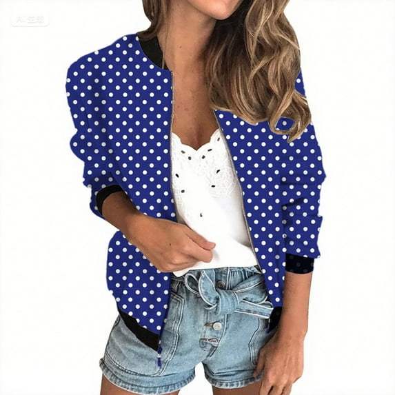 Holzkary Women's Zip Up Sweatshirts Jackets Long Sleeve Casual Loose Outwear with Pockets Women's Jacket Lightweight Zip Casual Jacket Printed Coat Stand Collar Cropped Coat Blue L