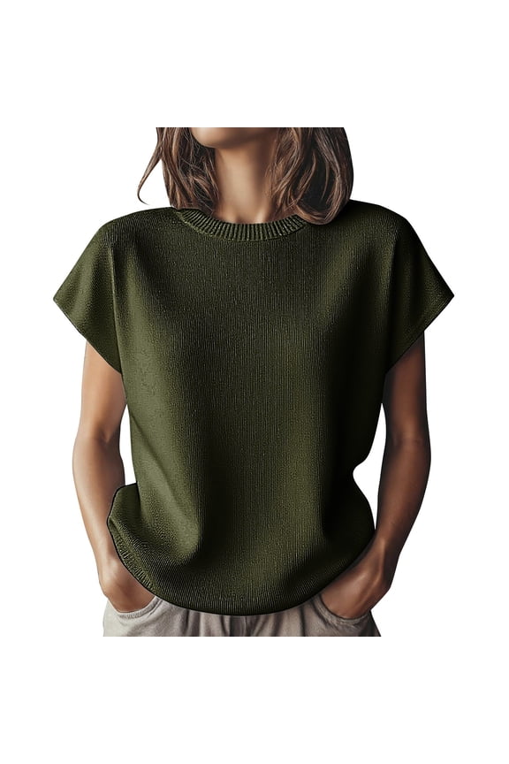 Womens 2025 Cap Sleeve Tops Casual Crew Neck Loose Fit Sweater Vest Lightweight Knit Pullover Tank Summer Tops Knit Short Sleeve Soft Blouse for Daily Wear Blackish Green L