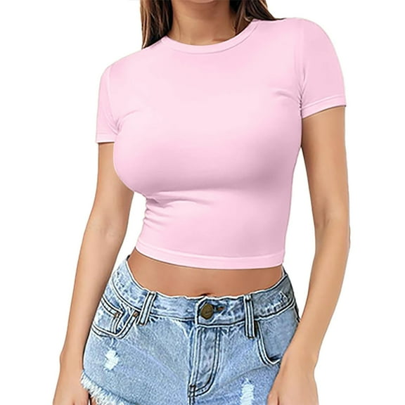 Holzkary Womens Basic T Shirts Summer Tops Crop T Shirt Girls Summer Pullover Top Thin Round Neck Fashion Short Sleeves 2025 Crop Short Sleeve Slim Fit Tee Cute Gym Workout Clothes M Xl