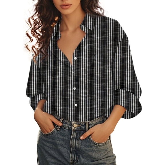 Holzkary Womens Button Down Shirt Casual Long Sleeve Cotton Blouse Loose Fit Collared Work Gauze Tops Women's Gradient Printed Shirt Black Xl