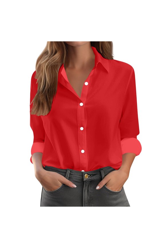 Womens Button Down Shirt Casual Long Sleeve Cotton Blouse Loose Fit Collared Work Gauze Tops Women's Fashion Casual Solid Color Button Long Sleeve Shirts Tops Watermelon Red Xxl