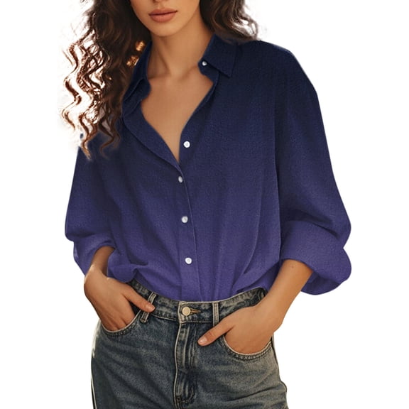 Holzkary Womens Button Down Shirt Casual Long Sleeve Cotton Blouse Loose Fit Collared Work Gauze Tops Women's Gradient Printed Shirt Lapel Button Shirt Bk1 3Xl