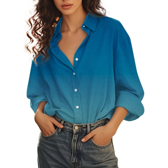 Holzkary Womens Button Down Shirt Casual Long Sleeve Cotton Blouse Loose Fit Collared Work Gauze Tops Women's Gradient Printed Shirt Lapel Button Shirt Blue L