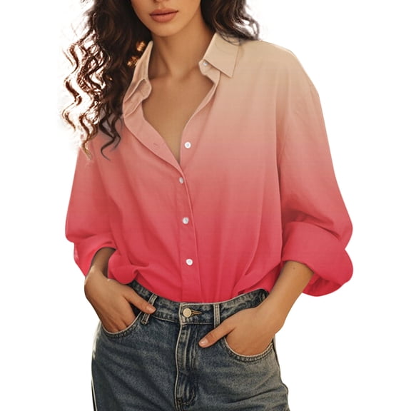 Holzkary Womens Button Down Shirt Casual Long Sleeve Cotton Blouse Loose Fit Collared Work Gauze Tops Women's Gradient Printed Shirt Lapel Button Shirt Orange S