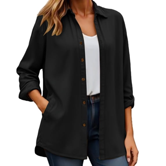 Holzkary Womens Button Down Shirt Long Sleeve Blouses Solid Work Casual Business Tops Loose Fit Fall Shirts with Pocket Classic Fit Dress Shirts Button Down Wrinkle Solid Work Blouse Top Black L