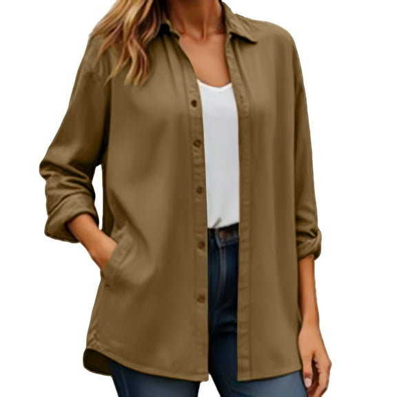 Holzkary Womens Button Down Shirt Long Sleeve Blouses Solid Work Casual Business Tops Loose Fit Fall Shirts with Pocket Classic Fit Dress Shirts Button Down Wrinkle Solid Work Blouse Top Brown Xl