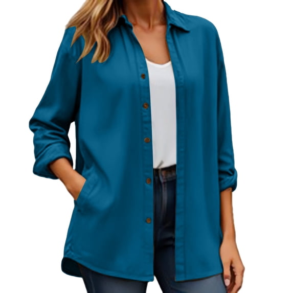 Holzkary Womens Button Down Shirt Long Sleeve Blouses Solid Work Casual Business Tops Loose Fit Fall Shirts with Pocket Classic Fit Dress Shirts Button Down Wrinkle Solid Work Blouse Top Blue M
