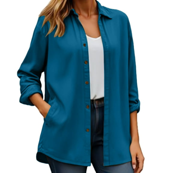 Holzkary Womens Button Down Shirt Long Sleeve Blouses Solid Work Casual Business Tops Loose Fit Fall Shirts with Pocket Classic Fit Dress Shirts Button Down Wrinkle Solid Work Blouse Top Blue L