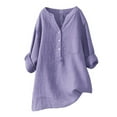 thumbnail image 1 of Holzkary Womens Button Down Shirts Breathable Loose 3/4 Sleeve Cotton Linen Summer Causal Blouses Tops Women's Solid Color Stand Up Collar Cotton Long Sleeved Shirt Blouse Purple L, 1 of 2