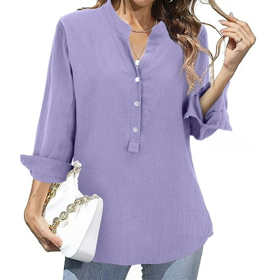 Holzkary Womens Button Down Shirts Long Sleeve Cotton Linen Gauze Tops Casual Collared Blouses Loose Fit Loose Shirt Top Stand Solid Color Sleeve Collar Casual Women's Shirt Women's Shirt Purple Xxl