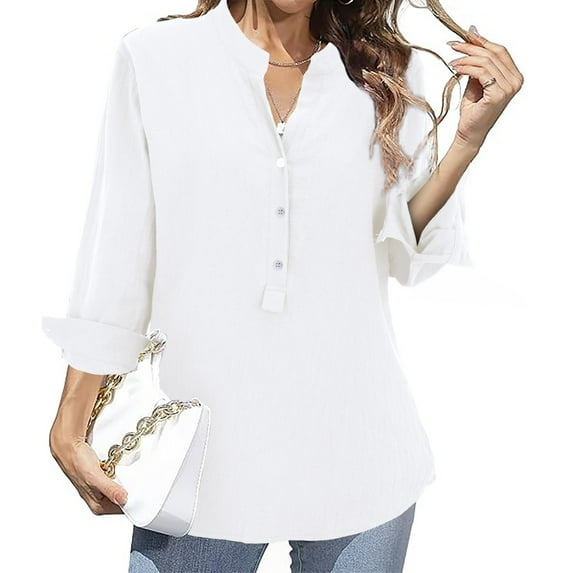 Holzkary Womens Button Down Shirts Long Sleeve Cotton Linen Gauze Tops Casual Collared Blouses Loose Fit Loose Shirt Top Stand Solid Color Sleeve Collar Casual Women's Shirt Women's Shirt White L
