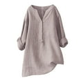 thumbnail image 1 of Holzkary Womens Button Down Shirts Long Sleeve Cotton Linen Gauze Tops Casual Collared Blouses Loose Fit Solid Summer Vacation Tops Oversized Tshirts V Neck Blouses Khaki 4Xl, 1 of 3