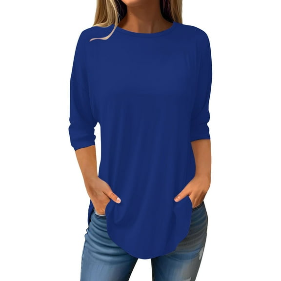 Holzkary Womens Casual 3/4 Sleeve T Shirts Crew Neck Loose Fit Tunic Tops Solid Basic Tops Tees Women's Pure Color Fashionable Casual Round Neck and Three Quarter Sleeve Top Blue L