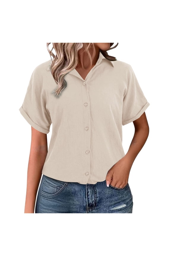 Womens Cotton Button Down Shirt Rolled Cuffed Short Sleeve Blouse Ladies Summer Casual V Neck Beach Cotton Tops Beige M