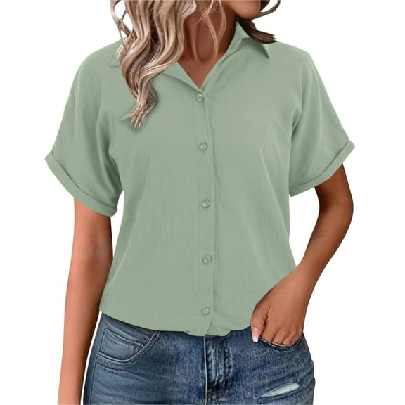 Holzkary Womens Cotton Button Down Shirt Rolled Cuffed Short Sleeve Blouse Ladies Summer Casual V Neck Beach Cotton Tops Green M