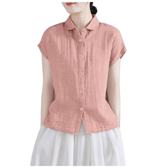 Holzkary Womens Cotton Linen Button Down Shirts Short Sleeve Dress Shirts Casual Summer Tops Blouses Women's Blouses Cotton Long Sleeve Loose Fit Blouses for Womens Casual Outfits for Pink Xxl