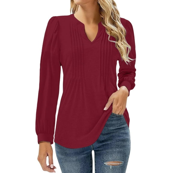 Holzkary Womens Fall Fashion Puff Long Sleeve Shirts Dressy Casual Pleated Basic Trendy Tops Winter Clothes 2025 Womens V Neck Tops Puff Long Sleeve T Shirt Pleated Printed Blouse Shirts Wine S