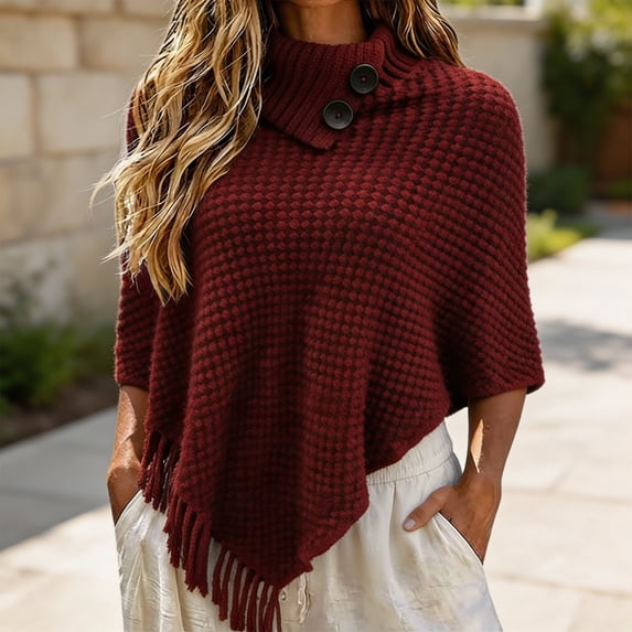Holzkary Womens Fringe Turtleneck Poncho Cape ,Crochet Knit Batwing Sleeve Buttons Tassel Sweater Wraps,Irregular Hem Trendy Casual Style Loose Fit Shawl Fall Winter Travel Vacation Brick Red A