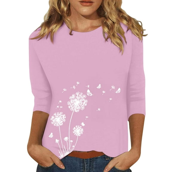 Holzkary Womens Graphic 3/4 Length Sleeve Cotton T Shirts Ladies Casual Tops Three Quarter Length Sleeve Tees Dandelion Print Blouse Autumn Round Neck Dandelion Print Loose T Shirt Pink L