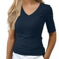 thumbnail image 1 of Holzkary Womens Half Sleeve Top Elbow Length T Shirt Women V Neck Basic T Shirt Summer Casual Blouses Short Sleeve Boat Neck Shirts Ruched Side Slim Fit Basic T Shirts Summer Tee Tops Navy 5Xl, 1 of 9