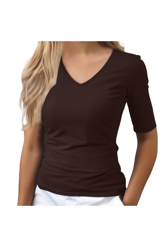 Womens Half Sleeve Top Elbow Length T Shirt Women V Neck Basic T Shirt Summer Casual Blouses Short Sleeve Boat Neck Shirts Ruched Side Slim Fit Basic T Shirts Summer Tee Tops D M
