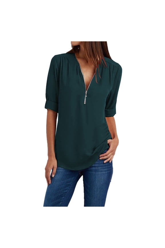 Womens Half Zip V Neck Shirt Summer Half Sleeve Shirts Casual Loose Top Blouses T Shirts Women Ladies Clothing Loose Shirt Chiffon Zipper Long Sleeves Plus Size Tops Camouflage M