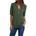 thumbnail image 1 of Holzkary Womens Half Zip V Neck Shirt Summer Half Sleeve Shirts Casual Loose Top Blouses T Shirts Women Ladies Clothing Loose Shirt Chiffon Zipper Long Sleeves Plus Size Tops Army Green L, 1 of 7