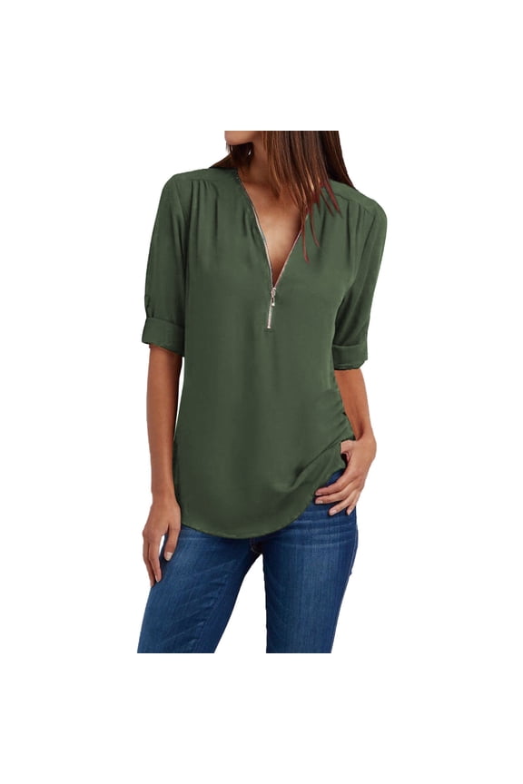 Womens Half Zip V Neck Shirt Summer Half Sleeve Shirts Casual Loose Top Blouses T Shirts Women Ladies Clothing Loose Shirt Chiffon Zipper Long Sleeves Plus Size Tops Army Green L