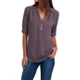 thumbnail image 1 of Holzkary Womens Half Zip V Neck Shirt Summer Half Sleeve Shirts Casual Loose Top Blouses T Shirts Women Ladies Clothing Loose Shirt Chiffon Zipper Long Sleeves Plus Size Tops Dark Grey S, 1 of 7