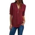 thumbnail image 1 of Holzkary Womens Half Zip V Neck Shirt Summer Half Sleeve Shirts Casual Loose Top Blouses T Shirts Women Ladies Clothing Loose Shirt Chiffon Zipper Long Sleeves Plus Size Tops Wine 5Xl, 1 of 7
