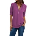 thumbnail image 1 of Holzkary Womens Half Zip V Neck Shirt Summer Half Sleeve Shirts Casual Loose Top Blouses T Shirts Women Ladies Clothing Loose Shirt Chiffon Zipper Long Sleeves Plus Size Tops Purple 4Xl, 1 of 7