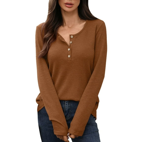 Holzkary Womens Long Sleeve Henley Shirts Ribbed Button Down Casual Tunic Tops Women's Knit Tops Casual Long Sleeve Blouses Slim Fit Button Down V Neck Shirt Brown M