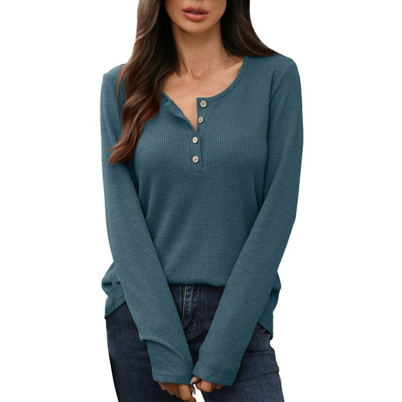 Holzkary Womens Long Sleeve Henley Shirts Ribbed Button Down Casual Tunic Tops Women's Knit Tops Casual Long Sleeve Blouses Slim Fit Button Down V Neck Shirt Blue Xxl