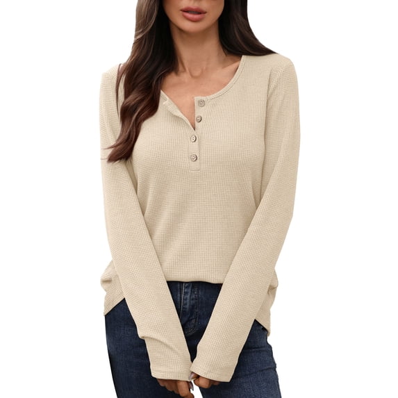 Holzkary Womens Long Sleeve Henley Shirts Ribbed Button Down Casual Tunic Tops Women's Knit Tops Casual Long Sleeve Blouses Slim Fit Button Down V Neck Shirt Beige L